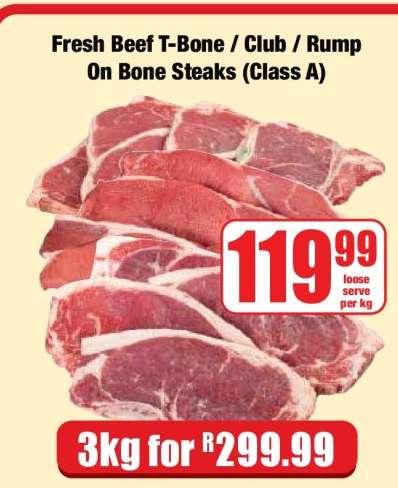 Fresh Beef T-Bone / Club / Rump On Bone Steaks (Class A)