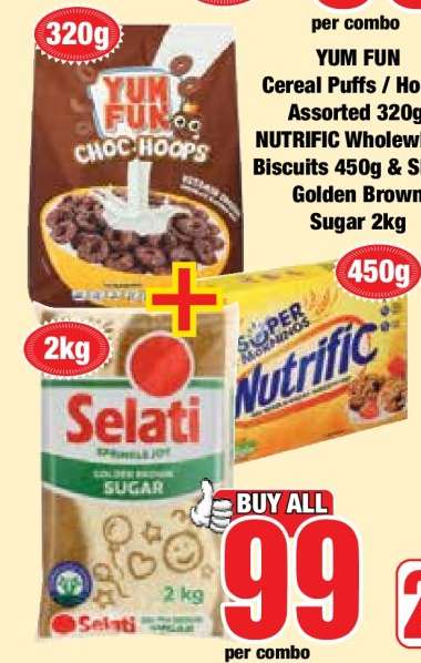 YUM FUN Cereal Puffs / Hoops Assorted 320g, NUTRIFIC Wholewheat Biscuits 450g & Selati Golden Brown Sugar 2kg