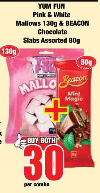 YUM FUN Pink & White Mallows 130g & BEACON Chocolate Slabs Assorted 80g