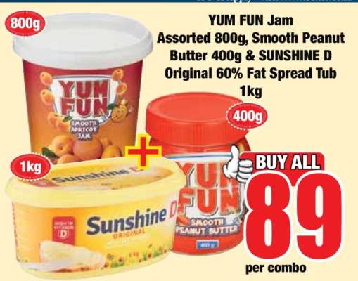 YUM FUN Jam Assorted 800g, Smooth Peanut Butter 400g & SUNSHINE D Original 60% Fat Spread Tub 1kg