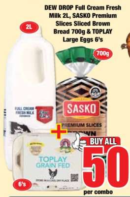 DEW DROP Full Cream Fresh Milk 2L, SASKO Premium Slices Sliced Brown Bread 700g & TOPLAY Large Eggs 6's