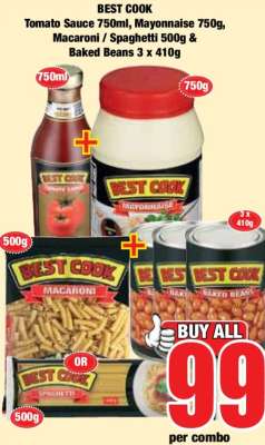 BEST COOK Tomato Sauce 750ml, Mayonnaise 750g, Macaroni / Spaghetti 500g & Baked Beans 3 x 410g