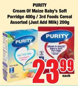 PURITY Cream of Maize Baby’s Soft Porridge 400g / 3rd Foods Cereal Assorted (Just Add Milk) 200g