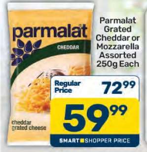 Parmalat Grated Cheddar or Mozzarella Assorted 250g Each