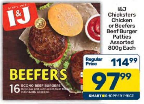 I&J Chicksters Chicken or Beefers Beef Burger Patties Assorted 800g Each