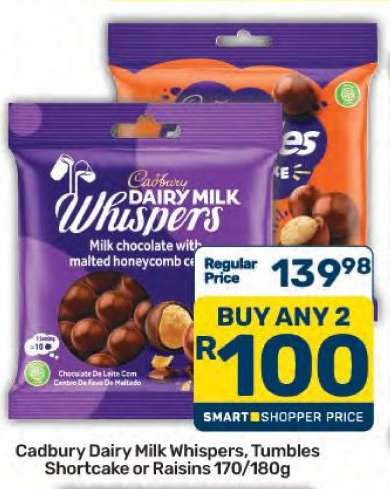 Cadbury Dairy Milk Whispers, Tumbles Shortcake or Raisins 170/180g