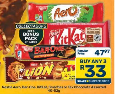 Nestlé Aero, Bar-One, KitKat, Smarties or Tex Chocolate Assorted 40-52g