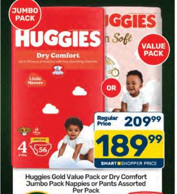 Huggies Gold Value Pack or Dry Comfort Jumbo Pack Nappies or Pants Assorted Per Pack