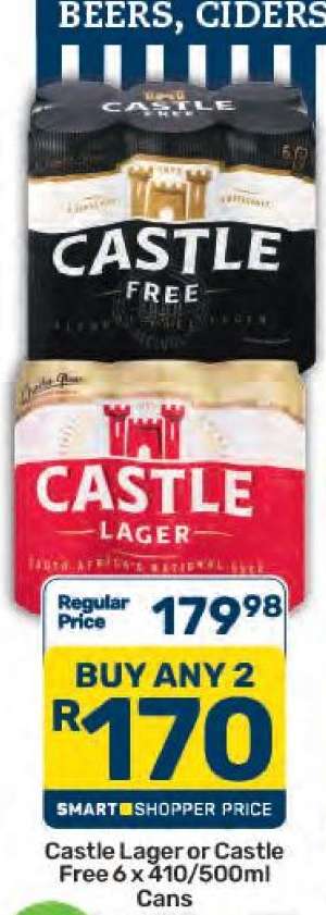 Castle Lager or Castle Free 6 x 410/500ml Cans