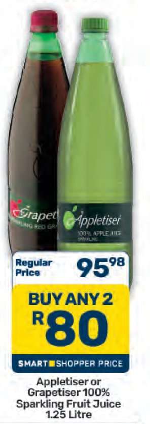 Appletiser or Grapetiser 100% Sparkling Fruit Juice 1.25 Litre